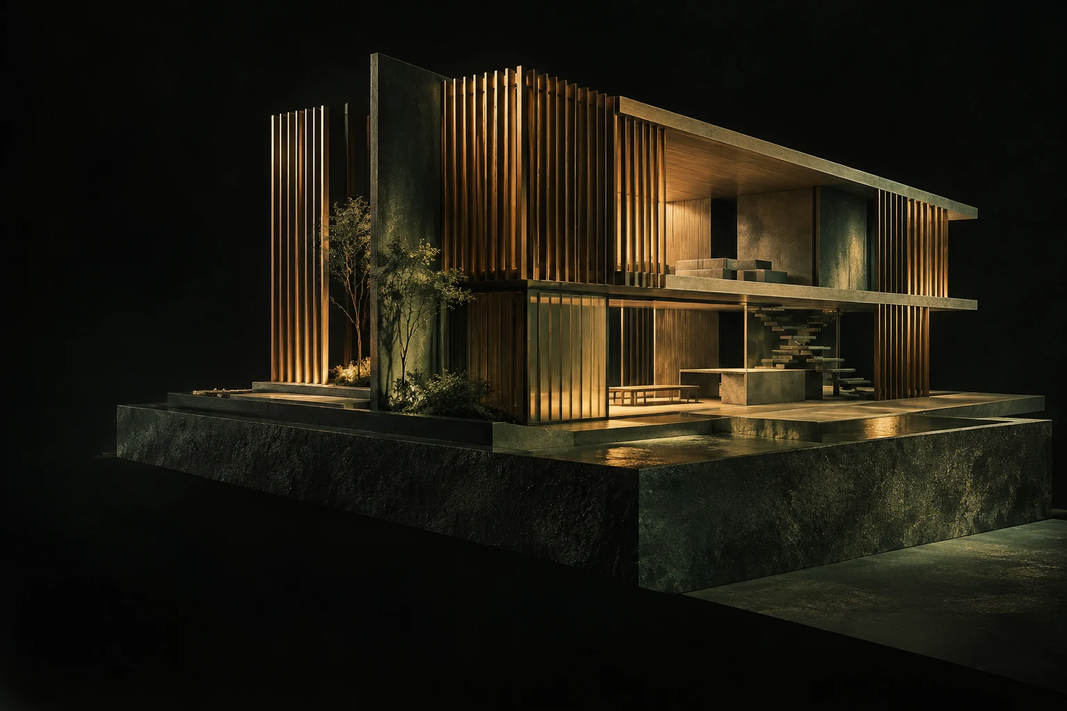 COTA 0: maqueta arquitectónica con planos y lamas verticales